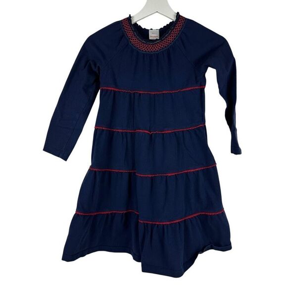 Hanna Andersson Smocked Neck Tiered Dress 130 / 8 Navy Red - Picture 1 of 5
